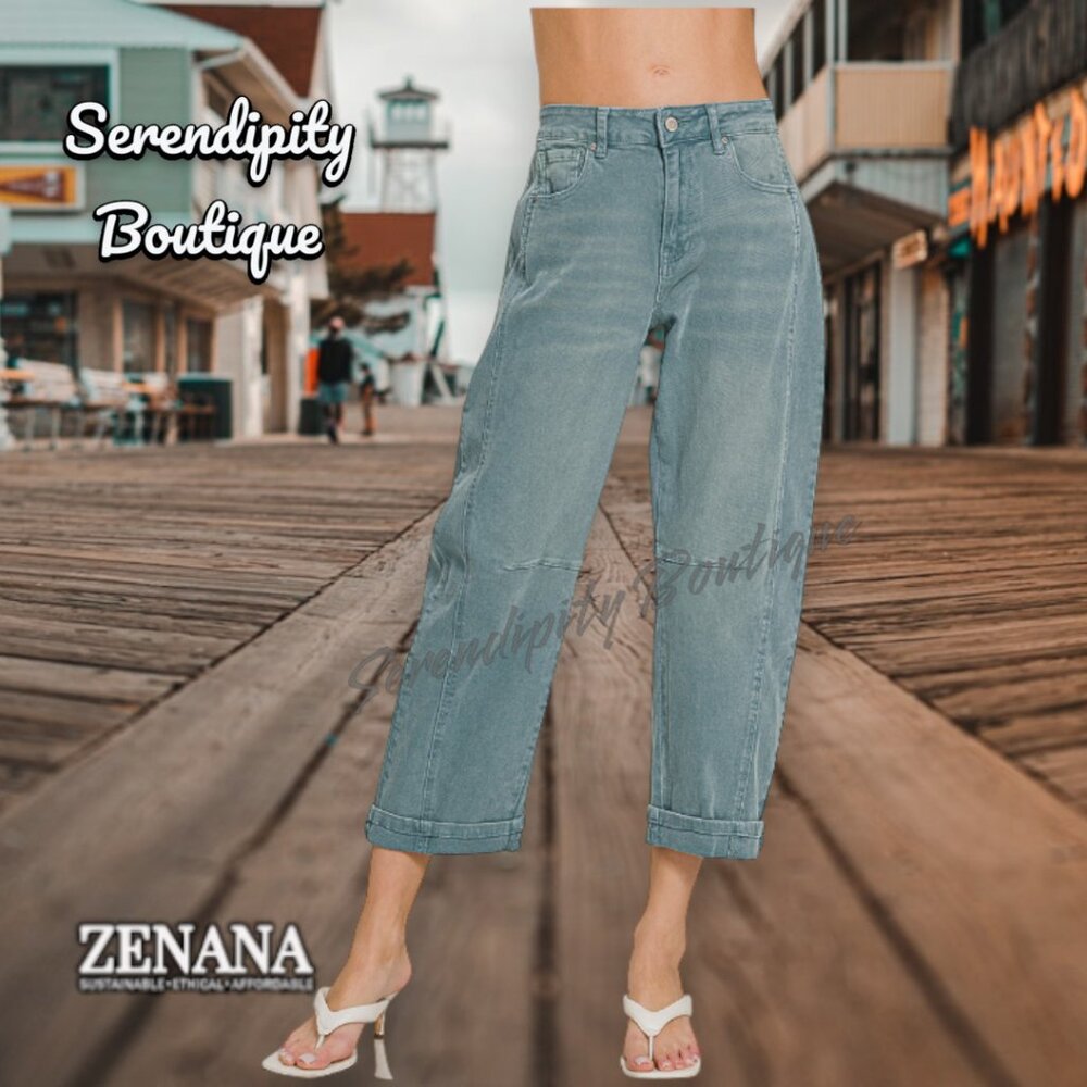 Zenana Faded Denim Ash Blue Barrel Led Tapered Fit High Rise Scandi Girl Jeans